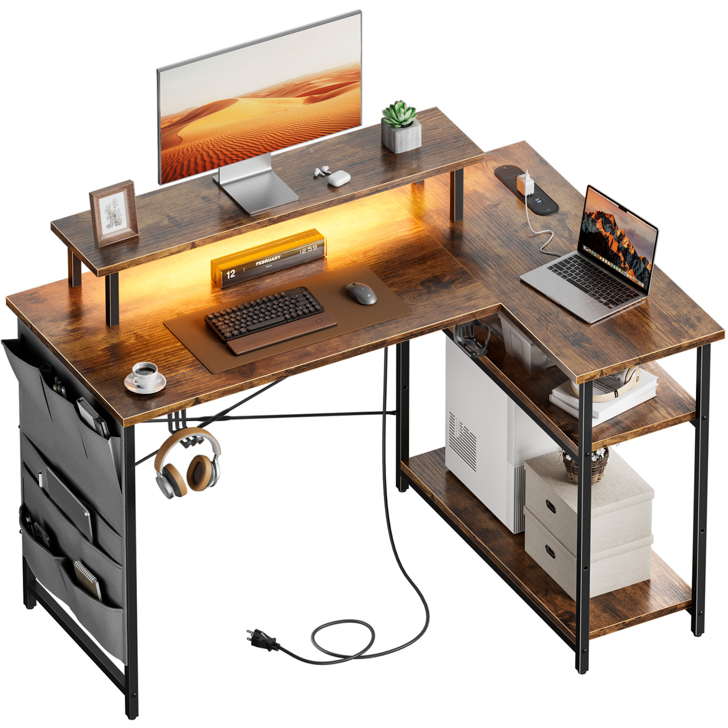 Office Furniture Removal - L자형 컴퓨터 책상, 전원 콘센트와 LED